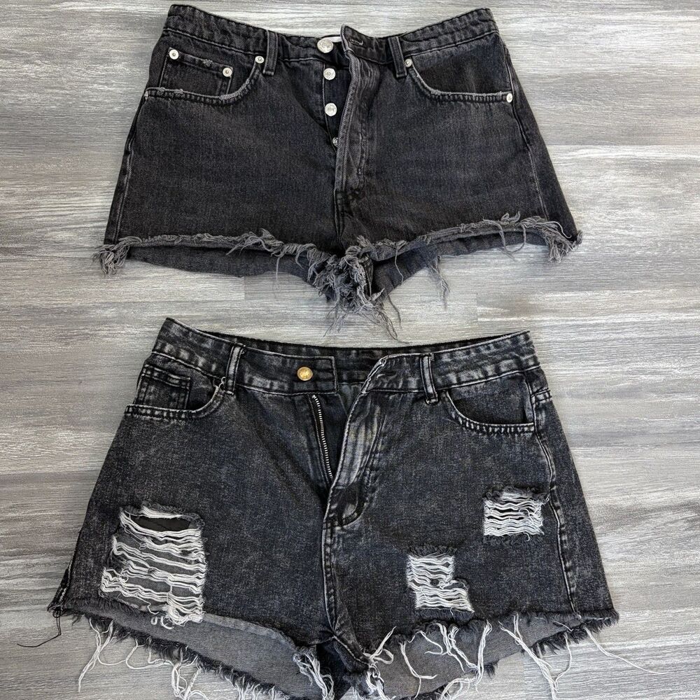 Zara Shein Black Denim Shorts Lot of 2 High Waisted Distressed Cutoff Jean Sz 8